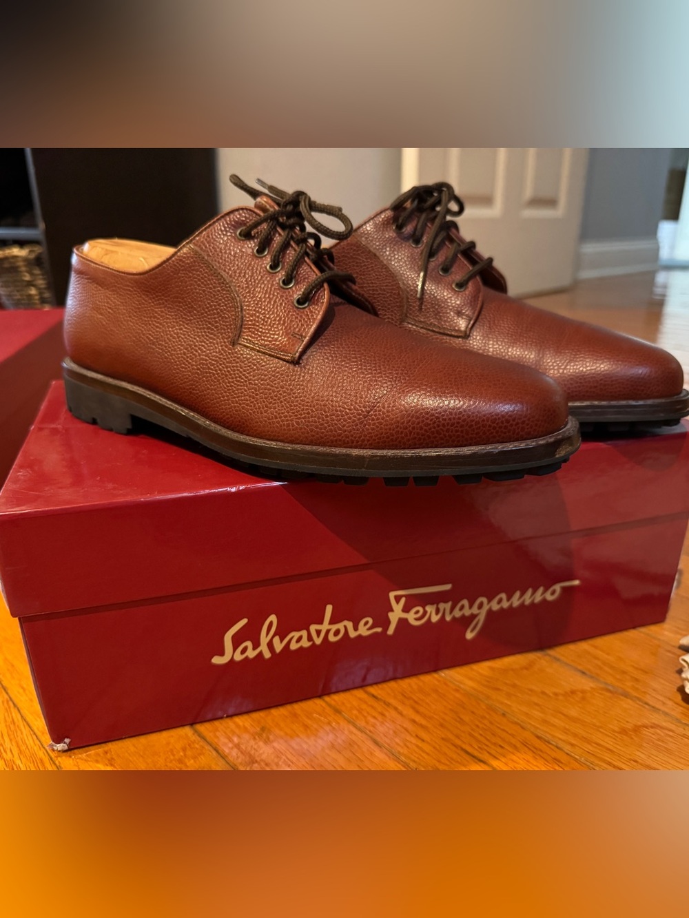 Salvatore Ferragamo Studio Brown Pebble Grain Leather Vibram Lug Derby Shoes 9D